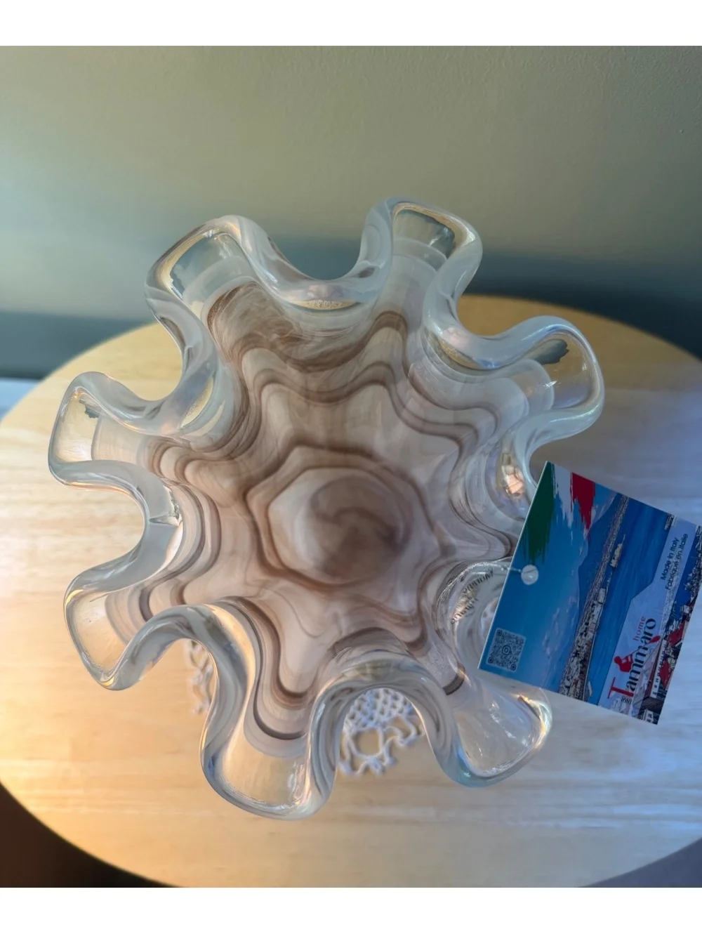 Tammaro Home Italian Art Glass Vase with Ruffled Edge and Brown Swirl Design